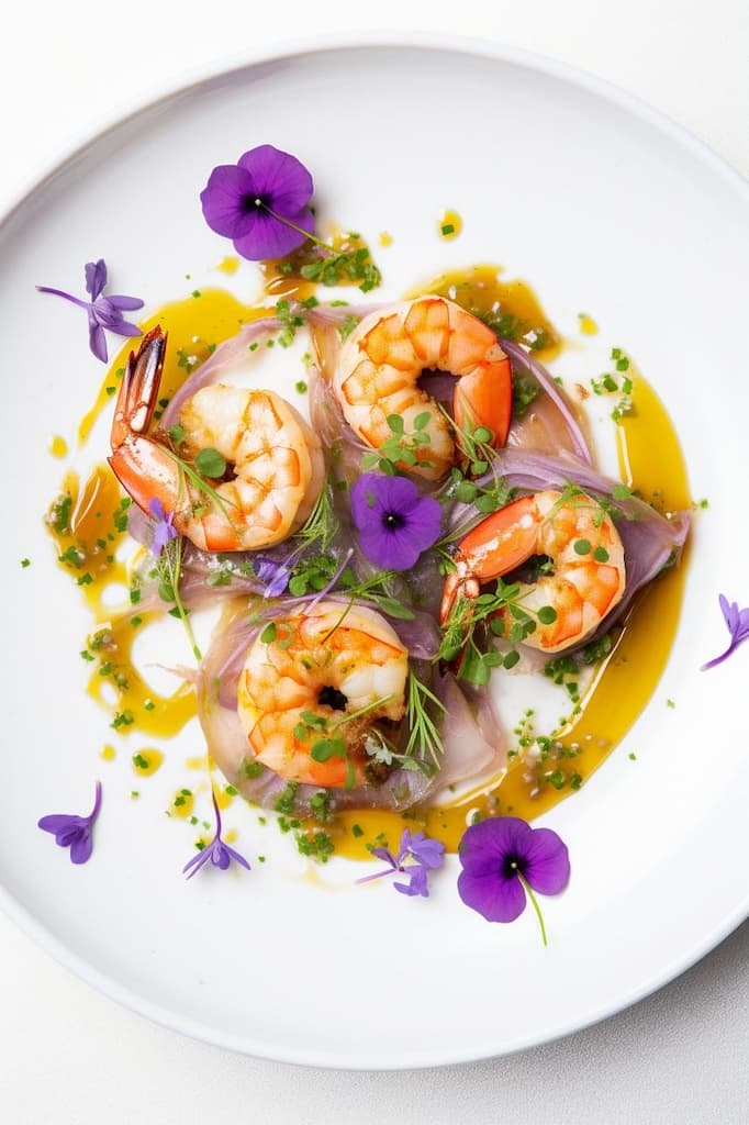 Shrimp dish with edible flowers and gourmet oil